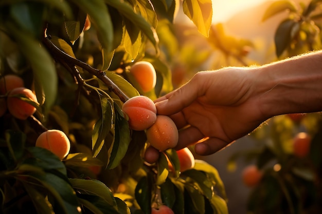 Hand picking ripe Peach from Peach orchard