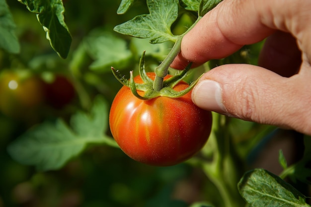 Photo hand picking a ripe tomato from a lush garden in bright sunlight