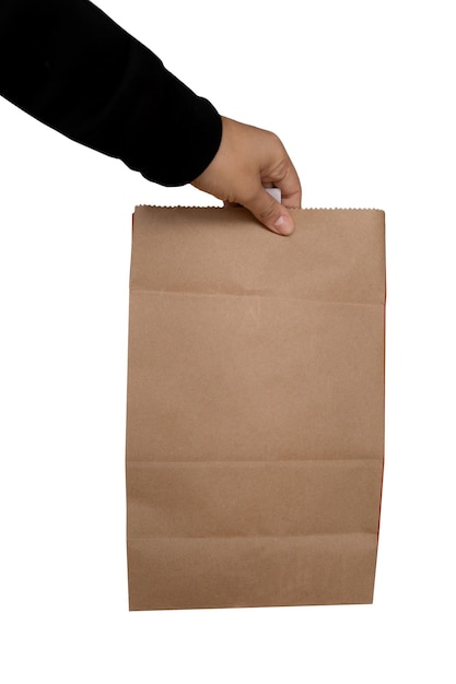 Hand picking up delivery bag White background