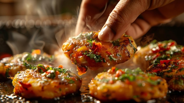 A hand picking up a piece of hash brown from the grill