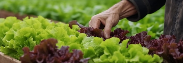 A hand picks lettuce from a lettuce plant.