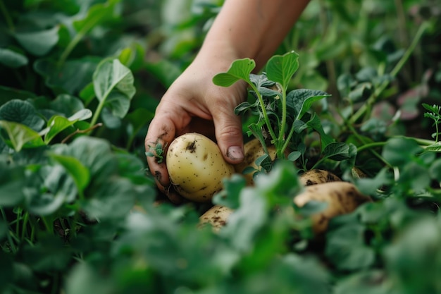 Hand picks ripe yellow potato from lush green garden soil Closeup shot focuses on human hand and