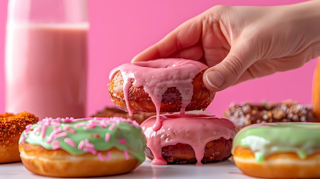 A hand pinch up an doughnut pink glaze dripping down the side smooth glaze shinny