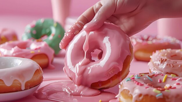 Photo a hand pinch up an doughnut pink glaze dripping down the side smooth glaze shinny