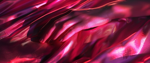 Photo hand on pink silk fabric