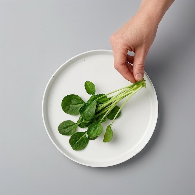 A hand places a bunch of fresh green leafy vegetables on a white plate