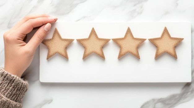 Photo a hand places four wooden stars on a white board to indicate a quality rating in a simplistic and artistic manner