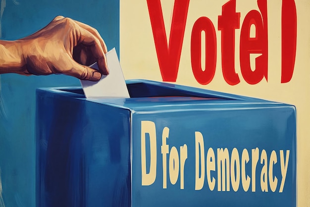 Photo hand placing a ballot in a blue voting box civic engagement illustration