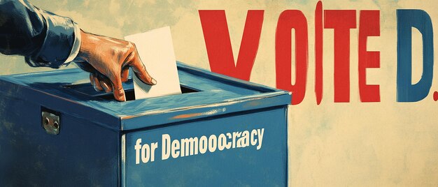 Photo hand placing a ballot in a blue voting box civic engagement illustration