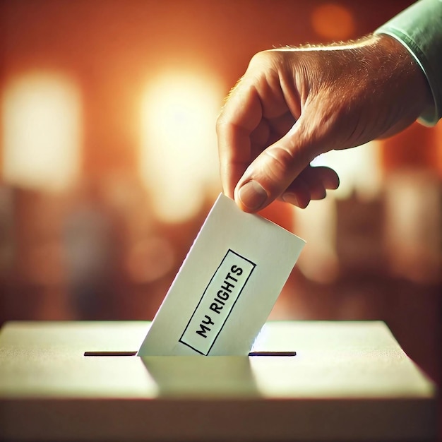 Photo hand placing ballot into voting box