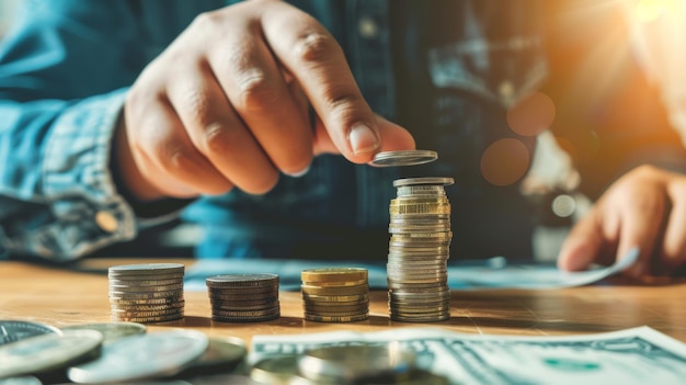 Hand placing a coin on a stack