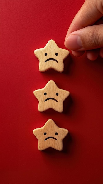 Photo hand placing five wooden stars with sad face on red background