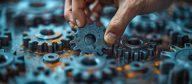 Photo hand placing gear in a complex mechanism