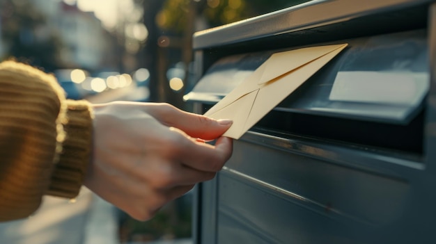 Photo hand placing letter in mailbox