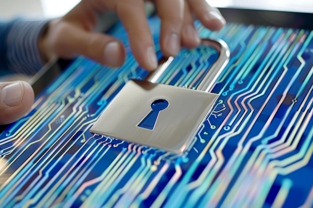 Hand Placing Lock on Digital Circuit Board for Cybersecurity