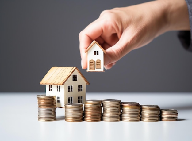 Hand placing money against small house model by man on top of pile stacked coins