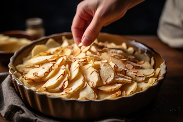 A hand placing sliced almonds on top of a pear tart