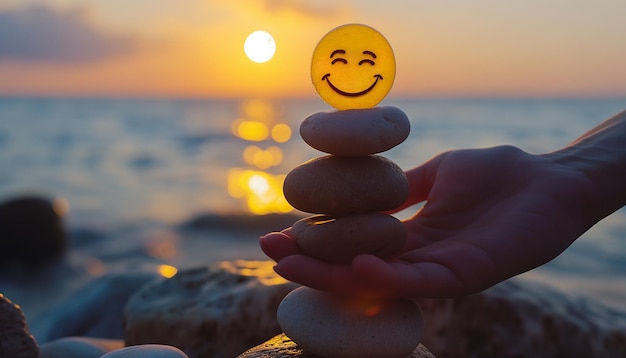 Photo hand placing a smiley stone on a balanced stack of pebbles at sunset tranquility and positivity concept