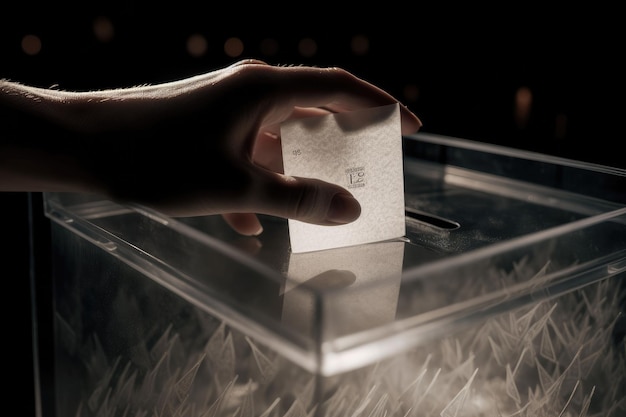 Hand placing a voting ballot into a secure ballot box. AI-generated.