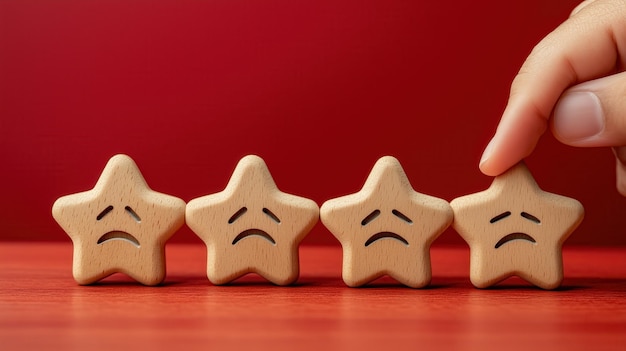 Photo hand placing wooden stars with sad faces expressing disappointment