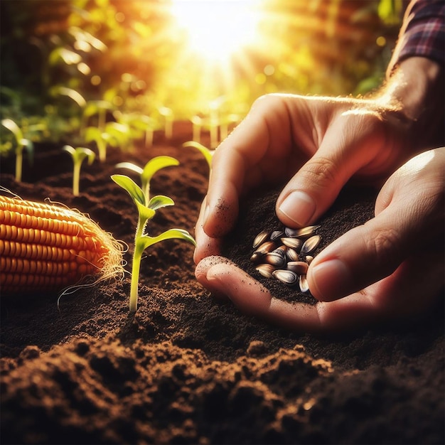 Hand planting corn seed of marrow in the vegetable garden with sunshine