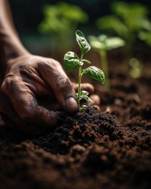 Hand plants seeds and grows them in nature Generative AI