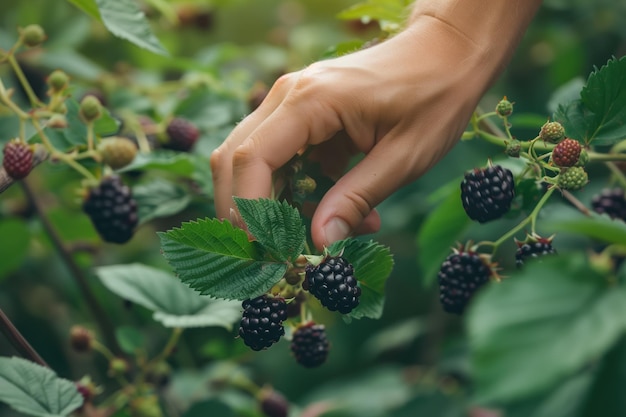 Photo hand plucks ripe blackberry from bush with vibrant red color contrasting against lush green leaves