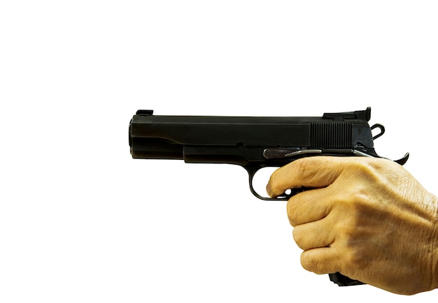 Hand pointing automatic short gun isolated white background