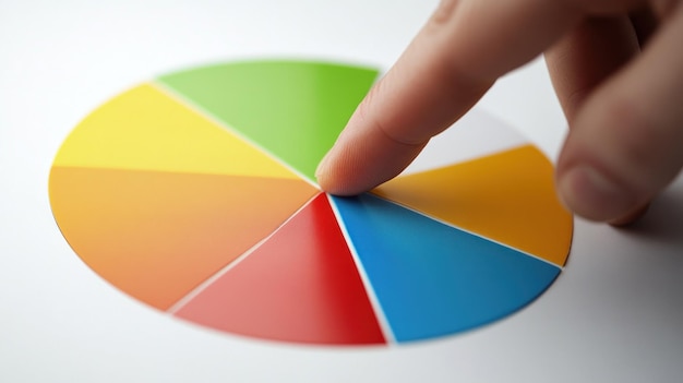 Photo hand pointing at a colorful pie chart