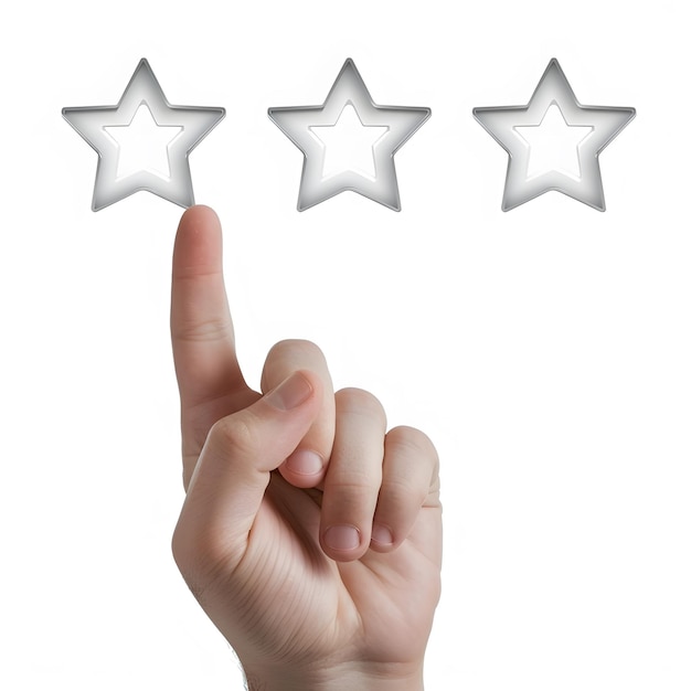 hand pointing to a fivestar digital rating on a virtual interface isolated on white background