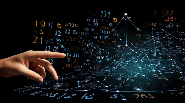 A hand pointing at a futuristic digital interface with various numbers symbols and interconnected lines representing data analysis or technology