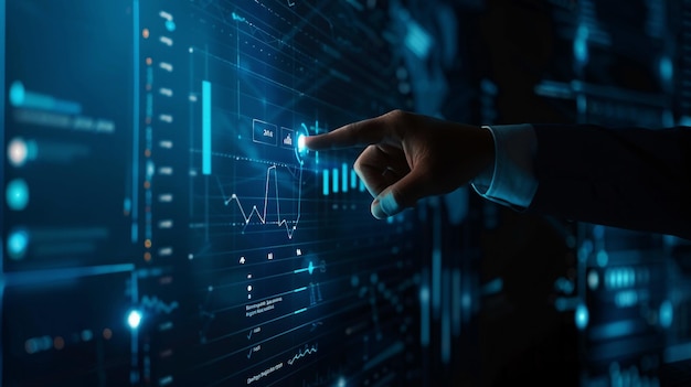 a hand pointing at a screen with a hand pointing at a graph that says business