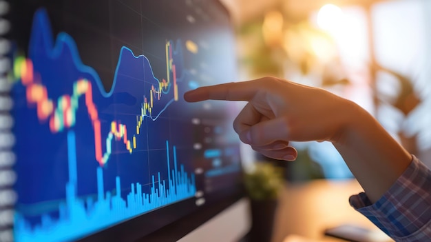 A hand pointing towards a rising chart displayed on a computer monitor symbolizing