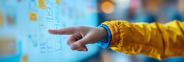 Photo hand pointing at whiteboard with yellow jacket