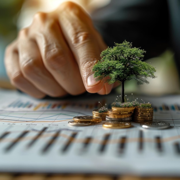 A hand points to a growing tree on a stack of coins with a rising graph line in the background