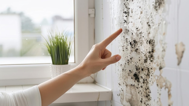 A Hand Points to Mold Growth on a Bathroom Wall