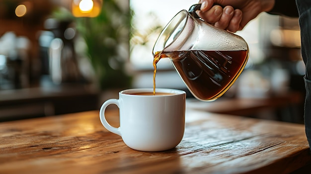 Hand pouring coffee into a white mug