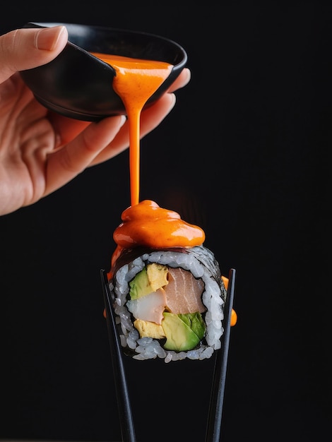 Photo hand pouring orange sauce on sushi with black background