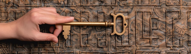 A hand presenting a golden key against a backdrop of ancient scrolls The key is surrounded by intricate symbols of knowledge