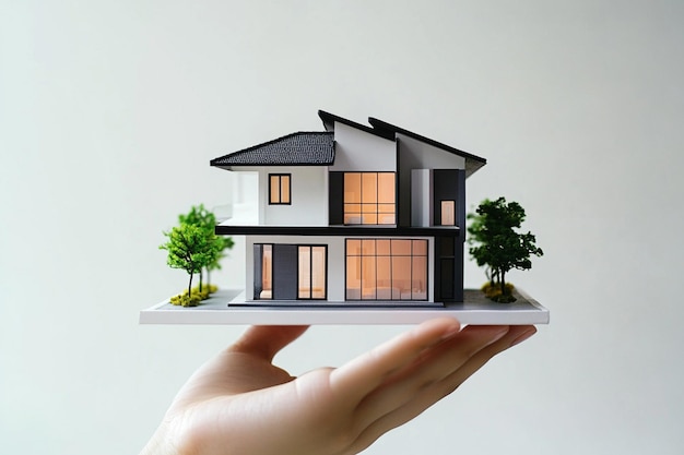 Photo hand presenting model house for home loan campaign