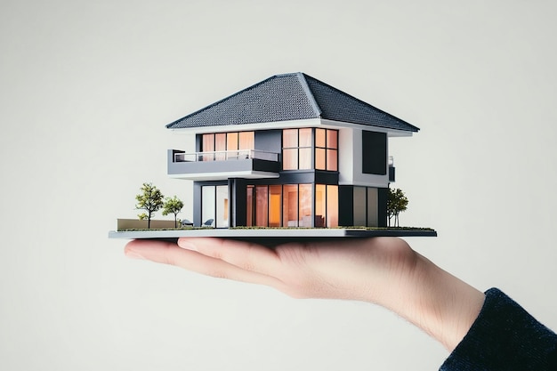 Photo hand presenting model house for home loan campaign