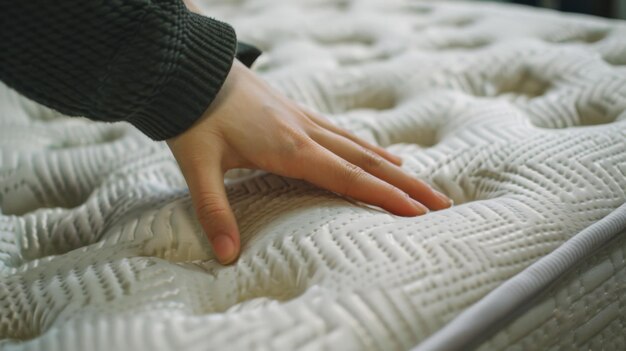 Photo a hand presses on a soft mattress demonstrating its comfort and support captured in closeup inviting a sense of coziness and relaxation