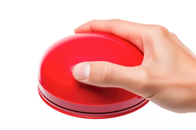 Hand pressing big red button isolated on white background