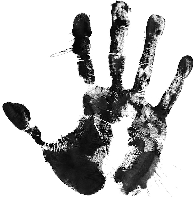 A hand print with black ink on it and a white background.