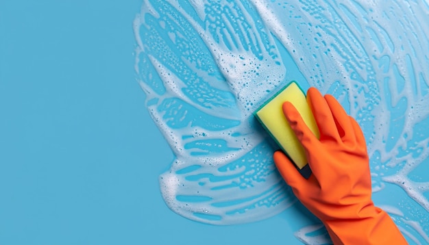 hand in protective rubber glove cleaning blue glass with sponge and detergent foam