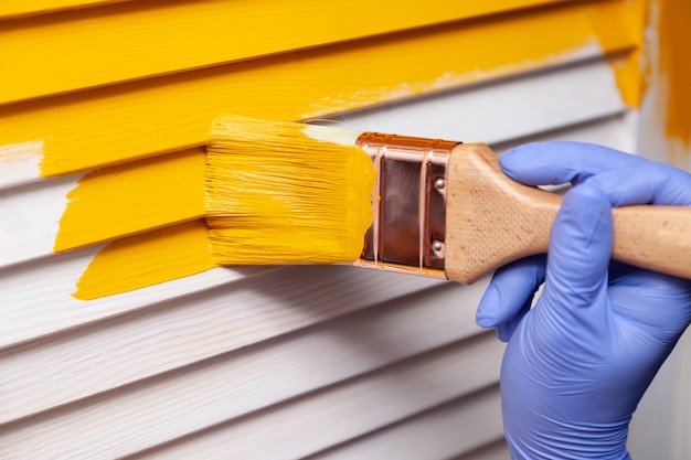 Hand in purple rubber glove with paintbrush painting natural wooden door with yellow paint