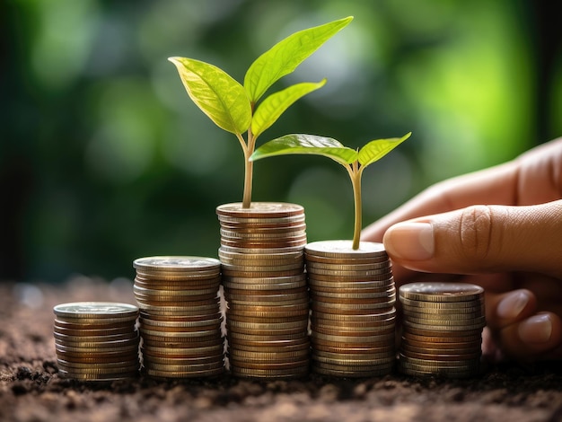 A hand puts coins in a stack with a plant growing on money