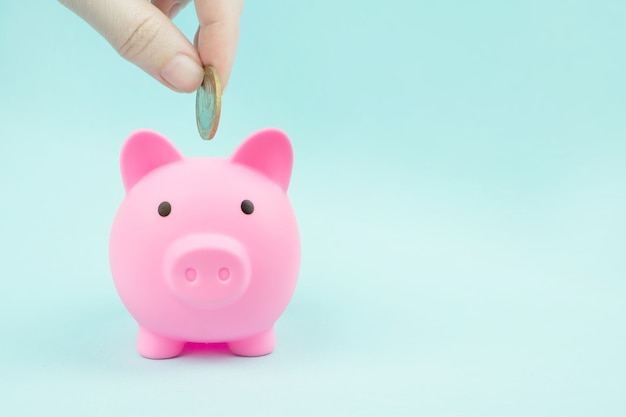 Hand putting a coin into piggy bank, financial savings and banking economy.