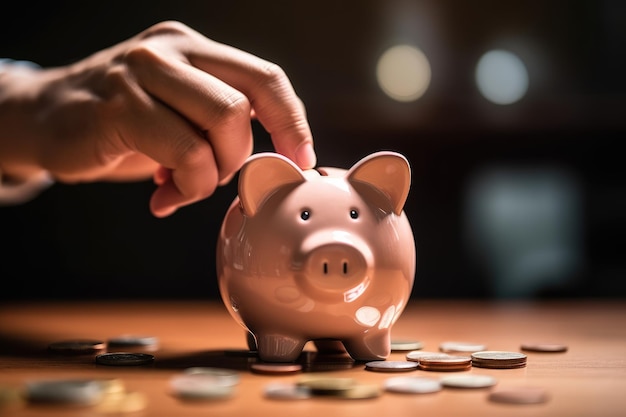 A hand putting a coin into a piggy bank