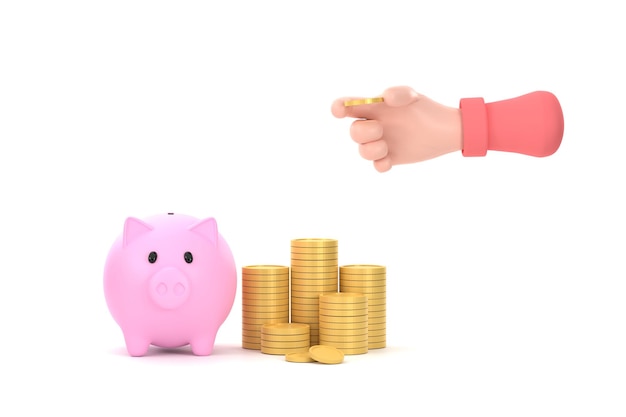 Hand putting a coin into pink piggy bank and stacking coin for saving concept